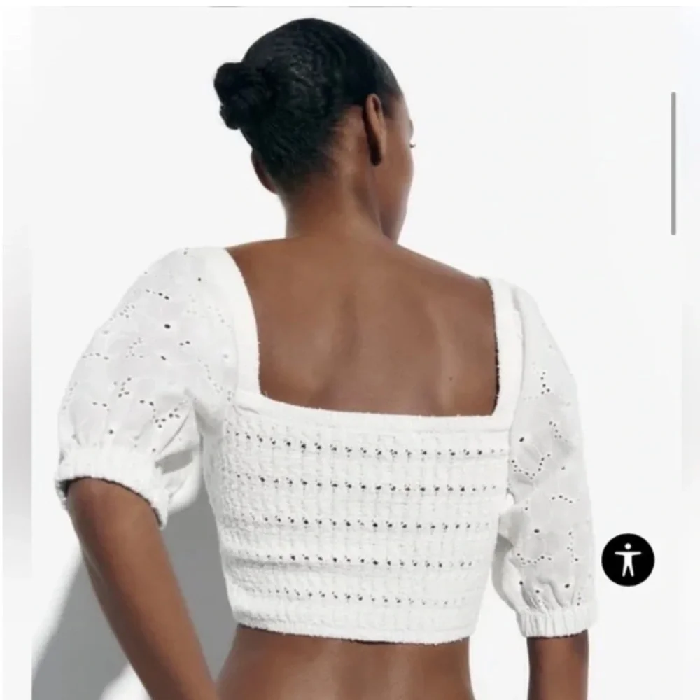NWT Zara White Contrast Eyelet Knit Crop Top Large